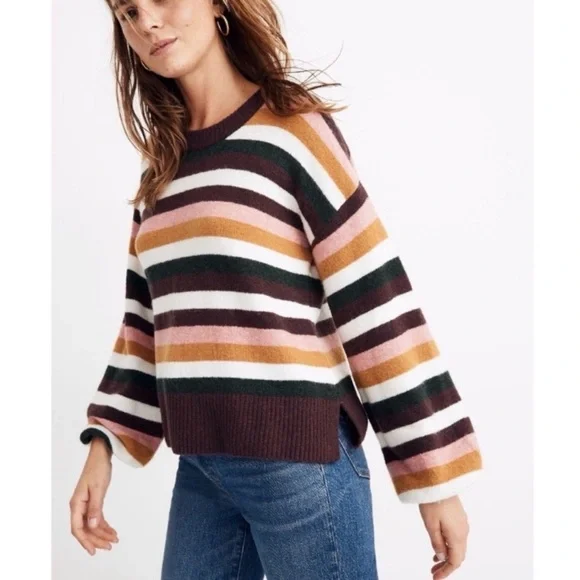 MADEWELL Payton Striped Merino Wool / Alpaca Blend Balloon Sleeve Sweater Size M - Picture 3 of 13